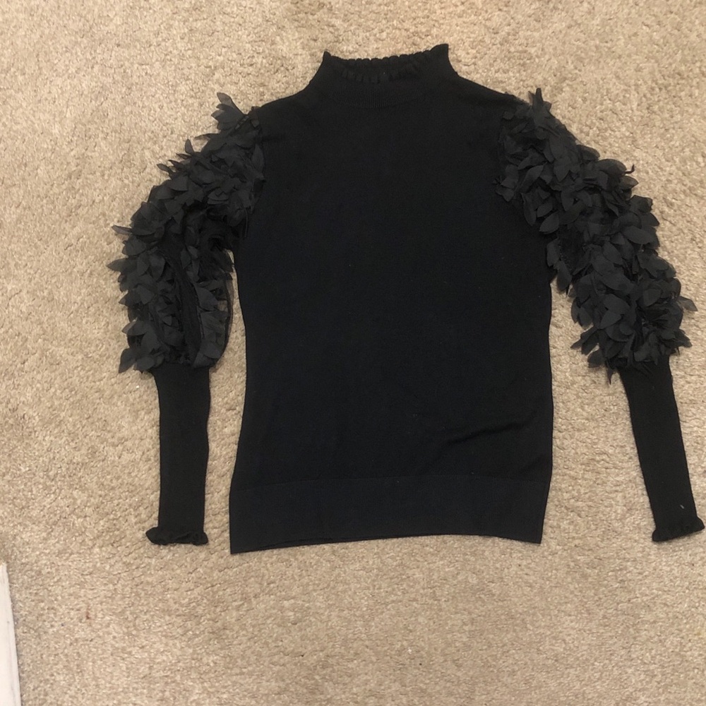 Sioni Black Ribbed Knit Top with Frilled Neckline Size M - Picture 2 of 8